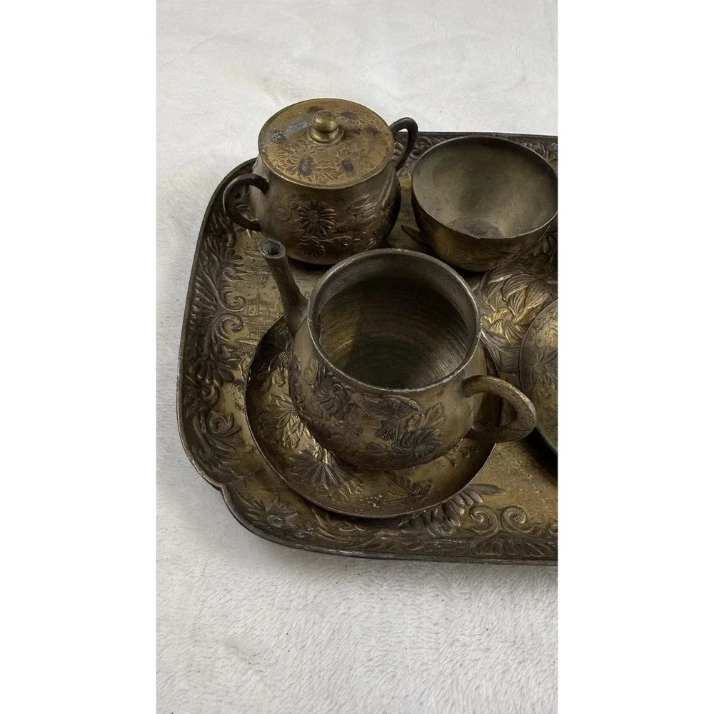 Vintage Japanese Brass Mini Tea Set Tray Teapot Cups Etched Floral Decor